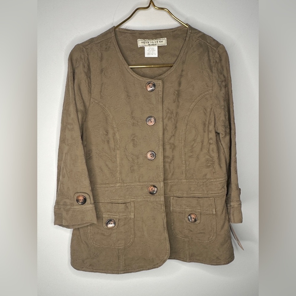 NWT Civility Olive Brown Embroidered Look Lightweight 3/4 Jacket Women’s 12P - Picture 2 of 9